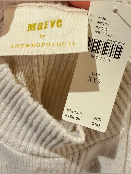 NWT Maeve by Anthropologie Strong Shoulder Ribbed Sweater Dress Ivory Size XXS - Picture 9 of 10